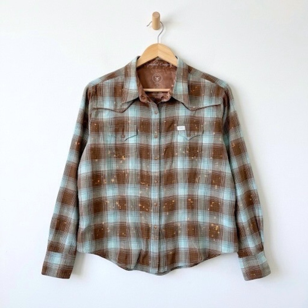 20X Oceanside Cowgirl‎ Plaid Western Shirt Pearl Snap XL Brown Twenty-X Bleached